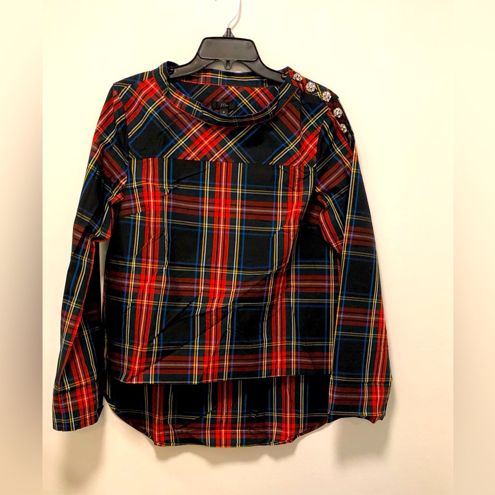 J. Crew Hi-low blouse, holiday inspired, size 6, length front 22”, back 28”.